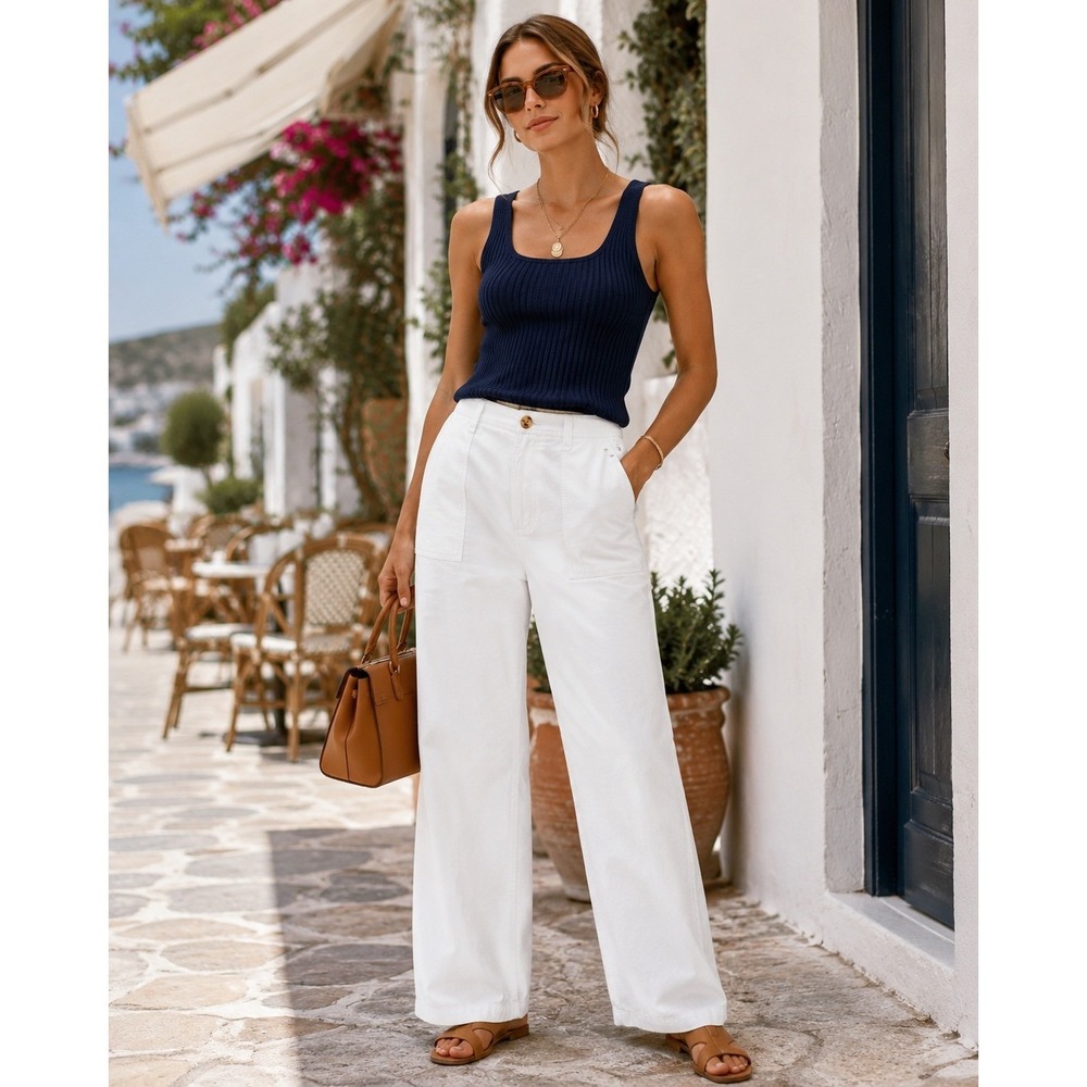 Women Size 14 White Wide Leg Pants High Rise Coastal Preppy Resort Trousers